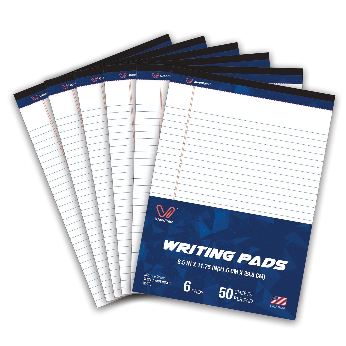 Woodlake Legal Pads 8.5 x 11, 6 Pack, Wide Ruled, Premium White Paper Pad No Ink Bleed, Micro‑Perforated, Sturdy Chipboard Back, 50 Sheets/Pad,for School, Office & Home, Made in USA