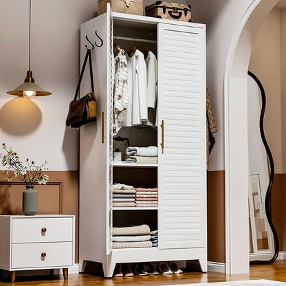 Metal Armoire Wardrobe Closet, 71" Clothing Storage Cabinets with Adjustable Hanging Rod, Louvered Doors, 2 Side Hooks & 2 Adjustable Shelves - Closet Cabinet for Bedroom, Laundry Room, Cloak Room
