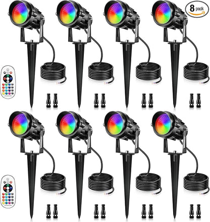 12W RGBW Color Changing Landscape Lights - Low Voltage LED Landscape Lighting, Remote Control Spotlight Outdoor Waterproof Garden Pathway Halloween Christmas Spot Lights, 8 Pack with Connector