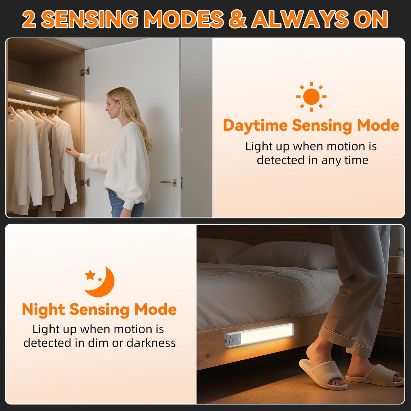 Under Cabinet Lighting Wireless, Rechargeable 10inch Motion Sensor Light Indoor, 3 Color Closet Light Battery Operated with LED Power Display, Magnetic Under Counter Lights for Kitchen, Home (3Pack)