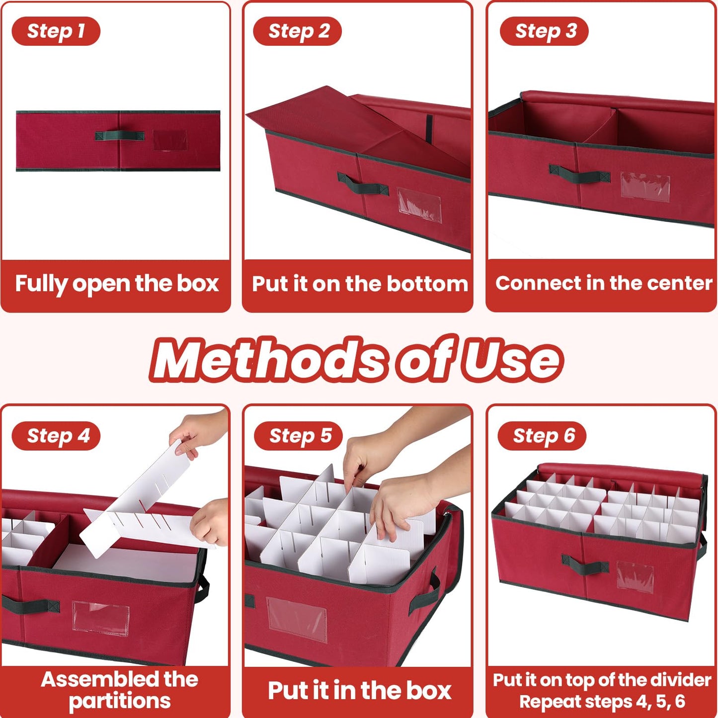 BlessedSeason Christmas Ornament Storage Box with Adjustable Dividers, Cube Storage Containers Organizer *2, Stackable Storage Bins Fit Balls (36 PCS 4’’ & 64 PCS 3”) Dual Zipper, Handles, Visual Slot