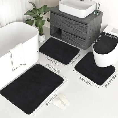 Uowuoiw Memory Foam Black Bathroom Rug Set 4-Piece, Soft & Supportive Bath Mat Set, Super Absorbent & Quick Dry, Non-Slip Backing, Machine Washable Rugs for Bathroom, Tub & Shower (Black)