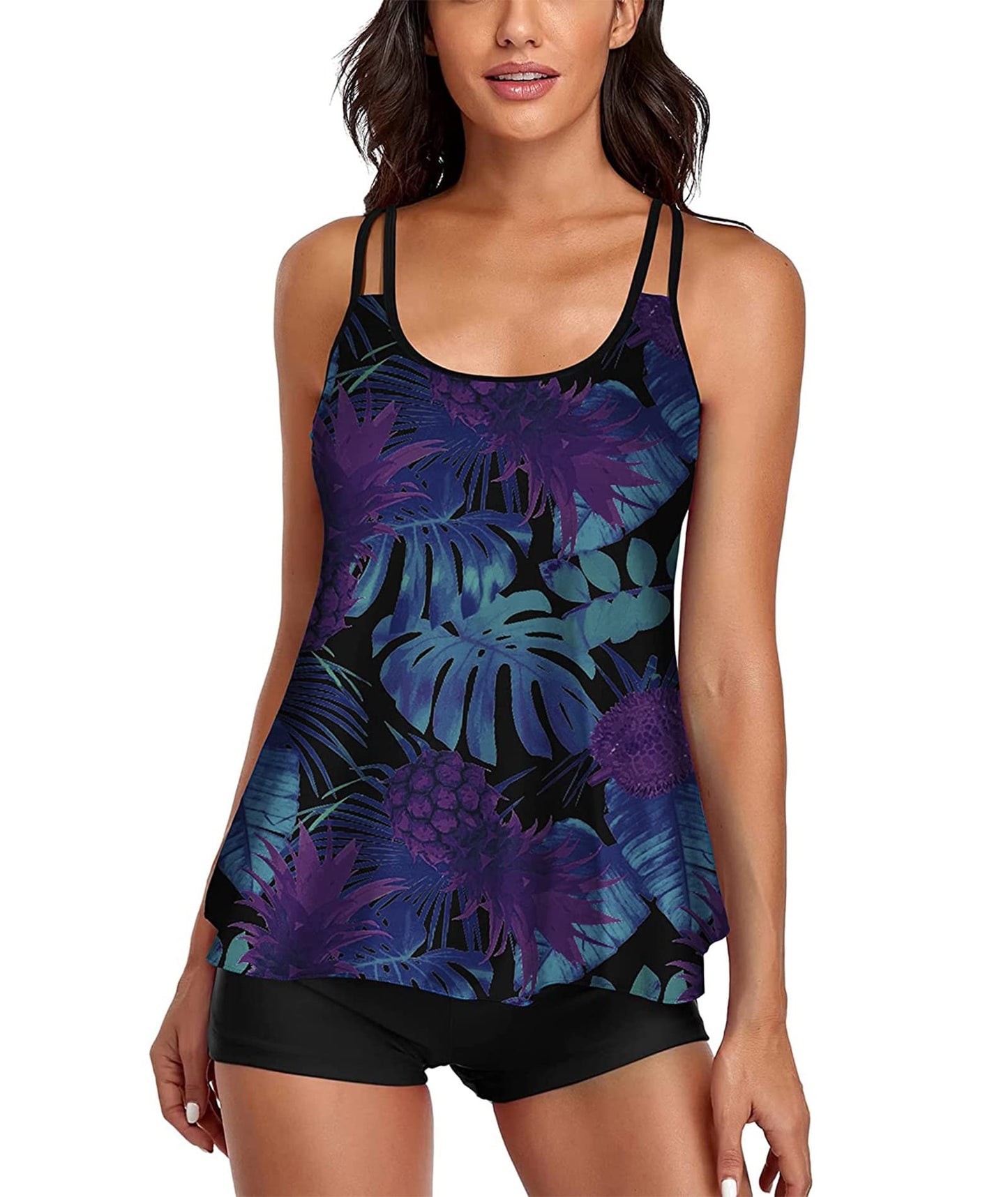 Urchics Womens Gray Tankini Swimsuit Tank Top Two Piece Bathing Suits with Boyshorts Z-Purple Blue Leaves XL