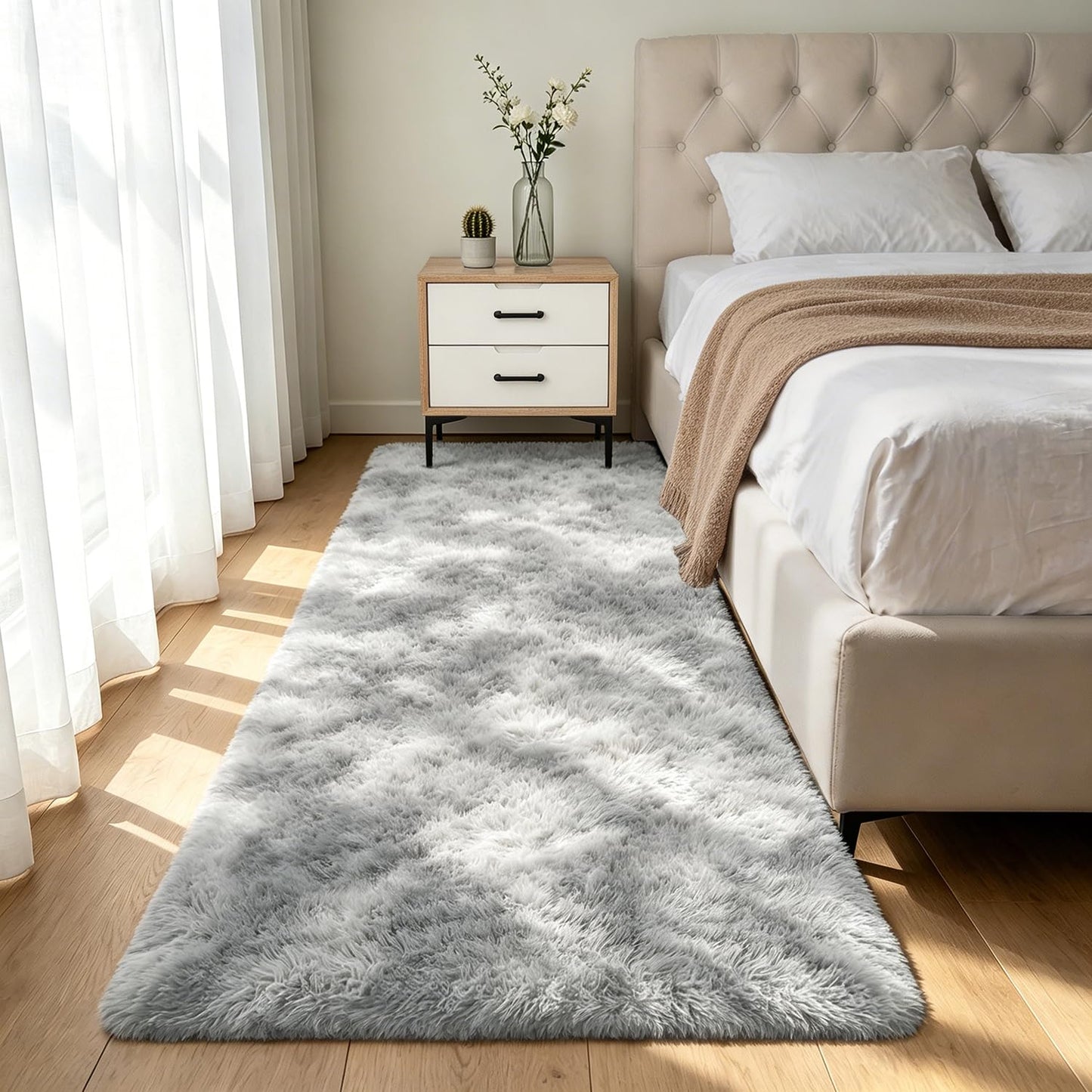 Shag Runner Rug for Bedroom Living Room 2x6 Upgrade Non-Slip Fluffy Soft Bedside Rugs,Shaggy Gray Carpet for Livingroom Dorm Home Decor Aesthetic