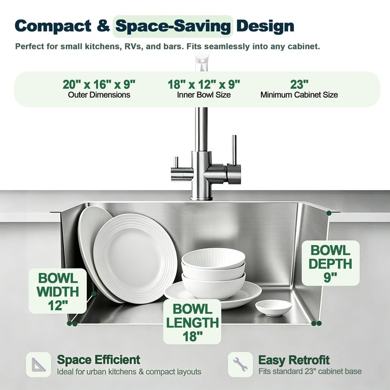 OUGOO 20x16x9 Inch Drop in Kitchen Sink, Handmade 304 Stainless Steel Single Bowl with 2 Holes, R10 Tight Radius, Topmount Installation, for Modern Kitchen/RV Sink, Brushed