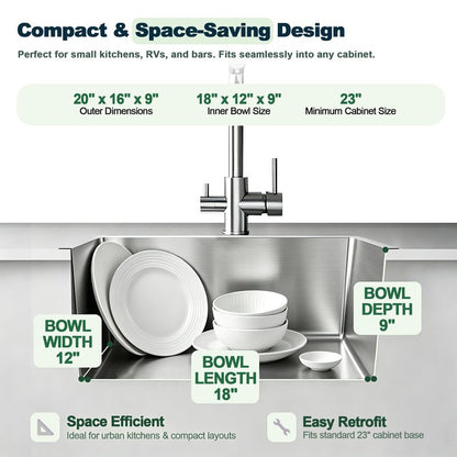 OUGOO 20x16x9 Inch Drop in Kitchen Sink, Handmade 304 Stainless Steel Single Bowl with 2 Holes, R10 Tight Radius, Topmount Installation, for Modern Kitchen/RV Sink, Brushed