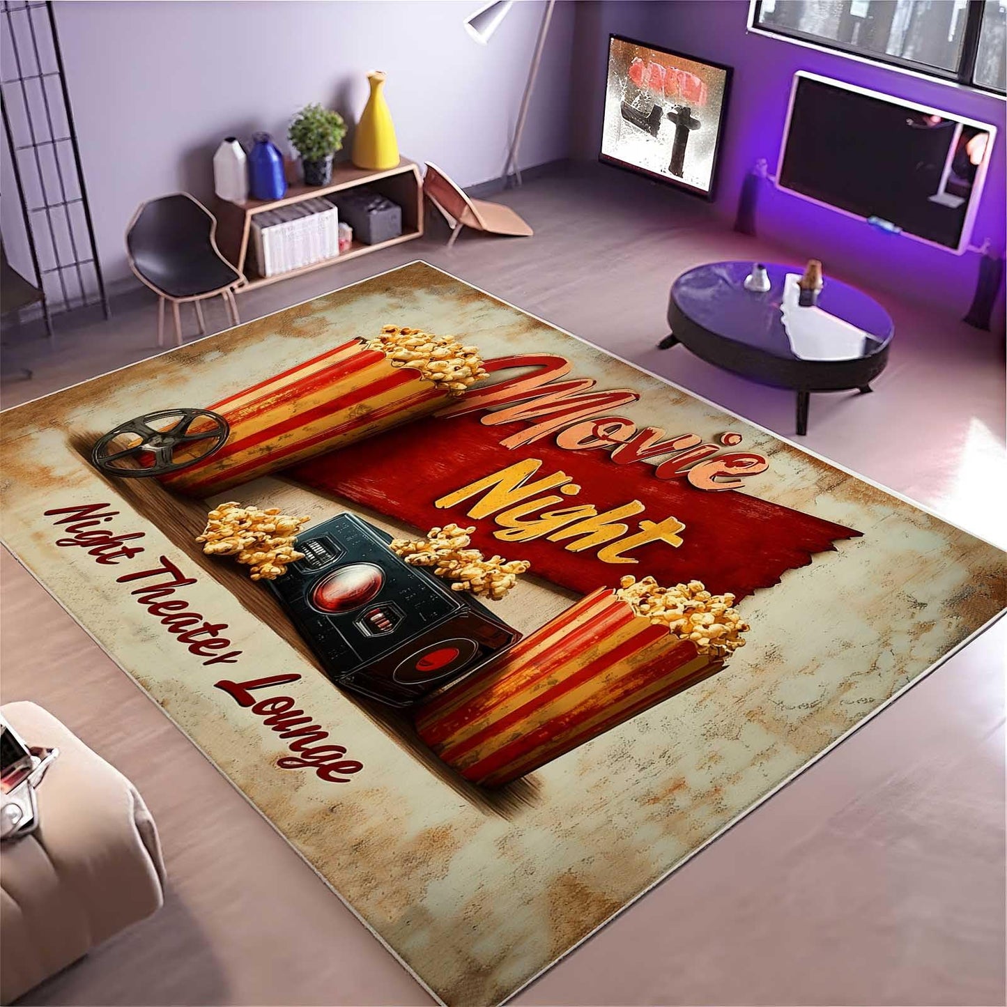 5x8 Movie Area Rug, Theater Lounge Area Rug, Movie Night Home Theater Floor Rugs, Vintage Movies Theaters Rugs, Washable Low Pile Film Carpet for Living Room