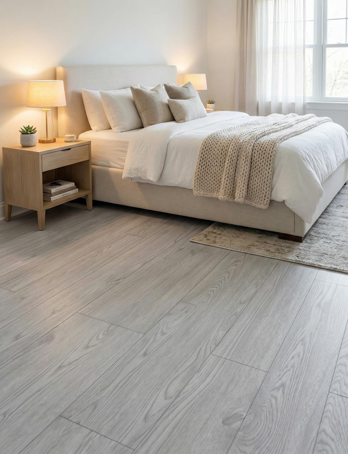 2 Rolls 23.6''x10FT Vinyl Flooring Roll 38.75 sq.ft: Peel and Stick Floor Tiles Self-Adhesive Durable Waterproof Wood Grain Large Plank for Living Room, Bedroom, Bathroom(Paleish Grey‌, 23.6''x10FT)