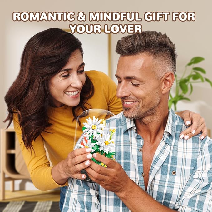 QLT QIAOLETONG Flower Bouquet Building Set 490 PCS White Daisy Mini Building Blocks Kit for Adults Flower Botanical Collection for Home Decor Mother's Day for Mom