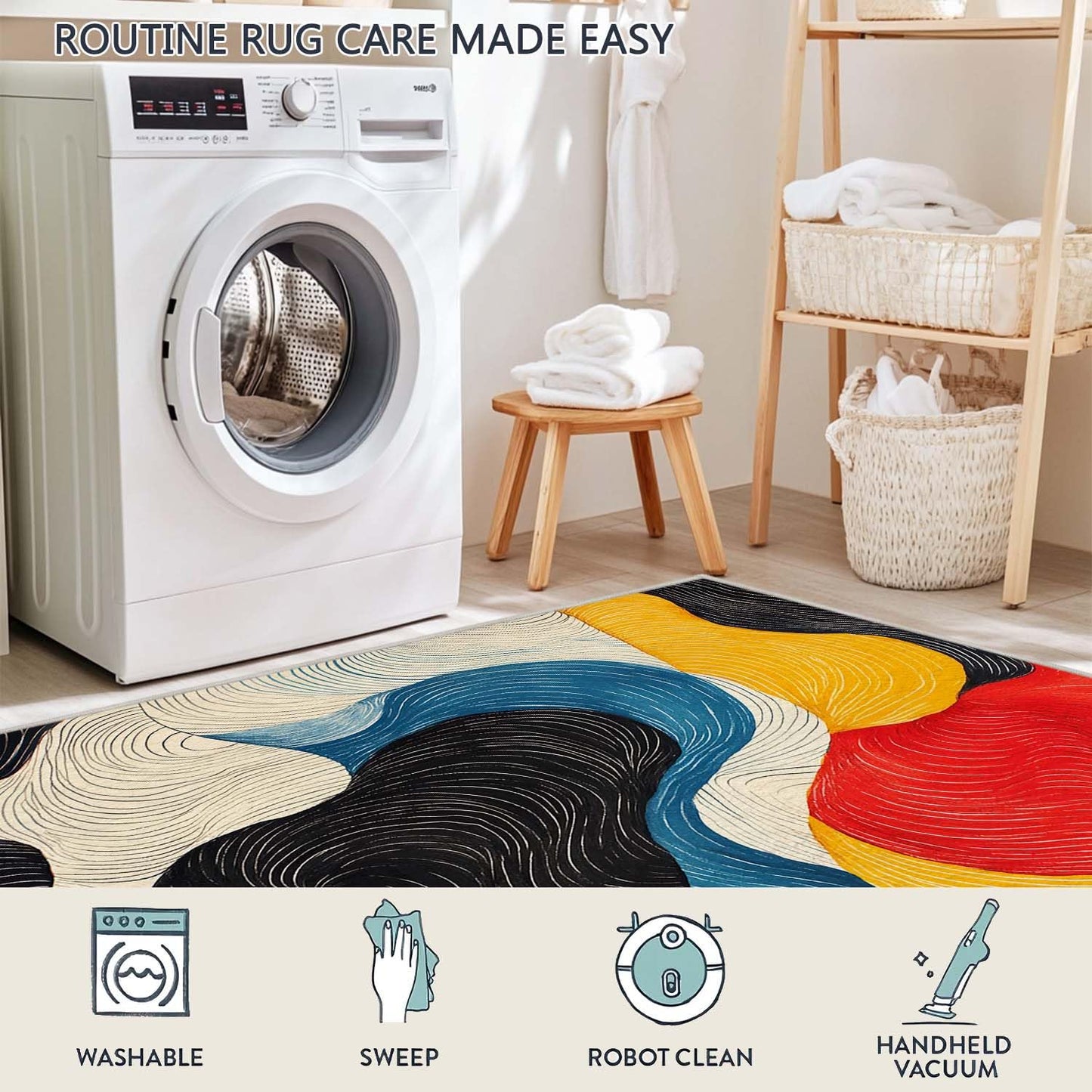 5x7 Colorful Area Rug Modern Abstract Black White Blue Beige Red Yellow Bedroom Rug Soft Low Pile Thin Large Carpet Living Room Non Slip Dining Room Stain Resistant Office Washable Machine