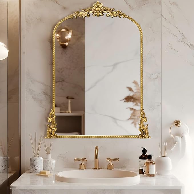 Growsun Vintage Gold Arched Mirror, 24’’x36’’ Antique Baroque Ornate Wall Mirror Decor with Full Metal Frame for Fireplace/Entryway/Living Room/Bathroom