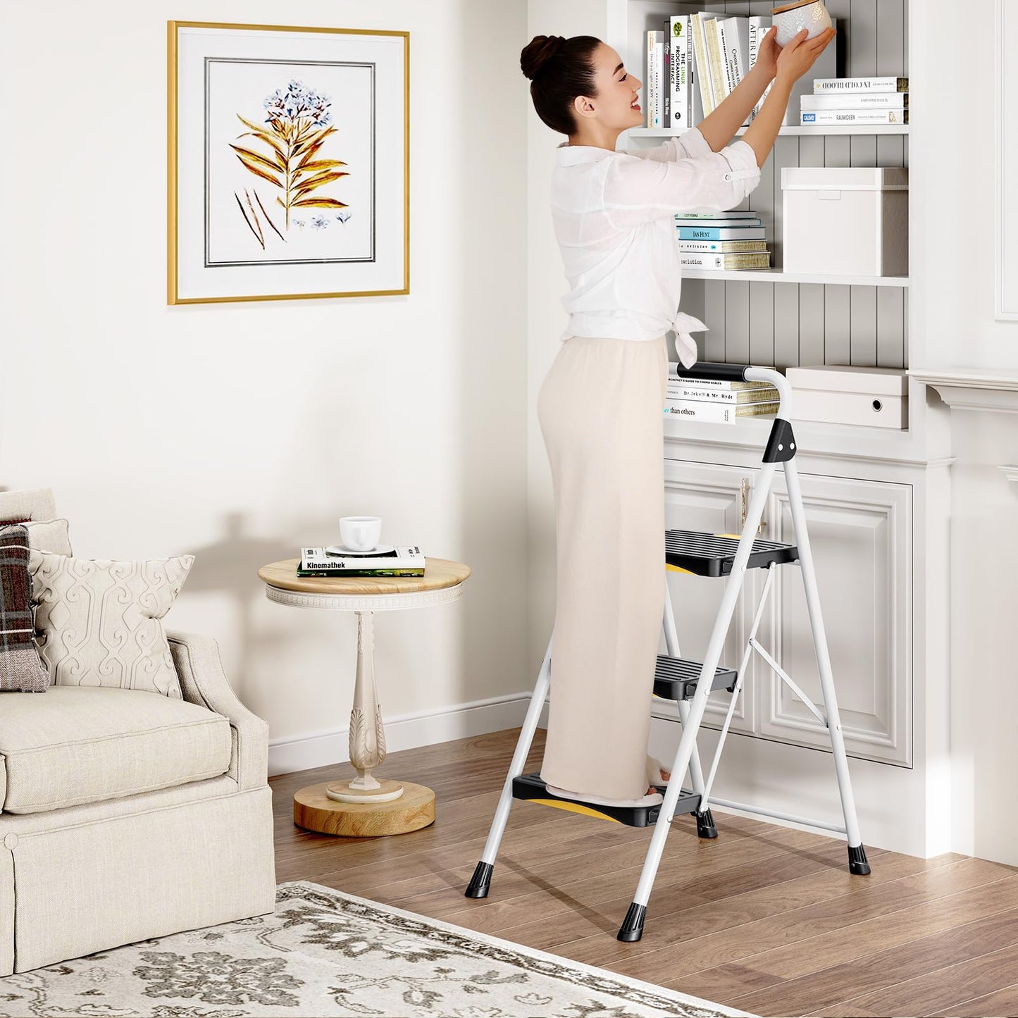 Urackify 3 Step Ladder, Folding Steel Step Stool with Safety Lock, Anti-Slip Wide Pedals, Pass 800lbs Load Testing, Handrail, Heavy Duty Portable Ladder for Multi-Purpose, Indoor, Office, Kitchen
