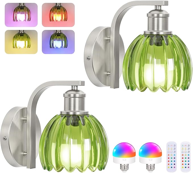Rechargeable Battery Operated Wall Sconce Set of Two with Green Glass Lampshade, Wireless Wall Scone Decor with Remote Control, 15 Colors Brushed Nickle Wall Light for Bedside Hallway Bedroom Doorway