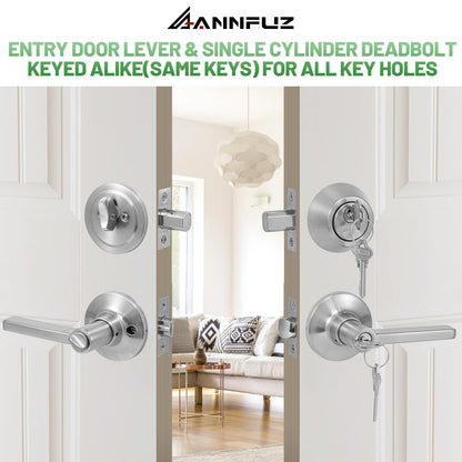 ANNFUZ Keyed Alike(Same Keys) Front/Exterior Door Lever Knob with Single Cylinder Deadbolt Combo Lockset, Entry Door Handle with Lock & Key, Round Locking Deadbolt for Interior Bedroom,Brushed Nickel