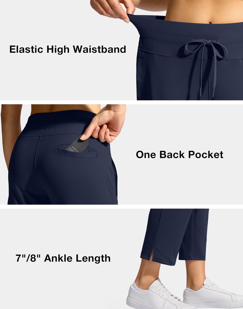 YYV Women's Pants with 3 Pockets High Waisted Golf Athletic Pants 7/8 Stretch Ankle Pants for Women Workout Travel Casual(Navy Medium)