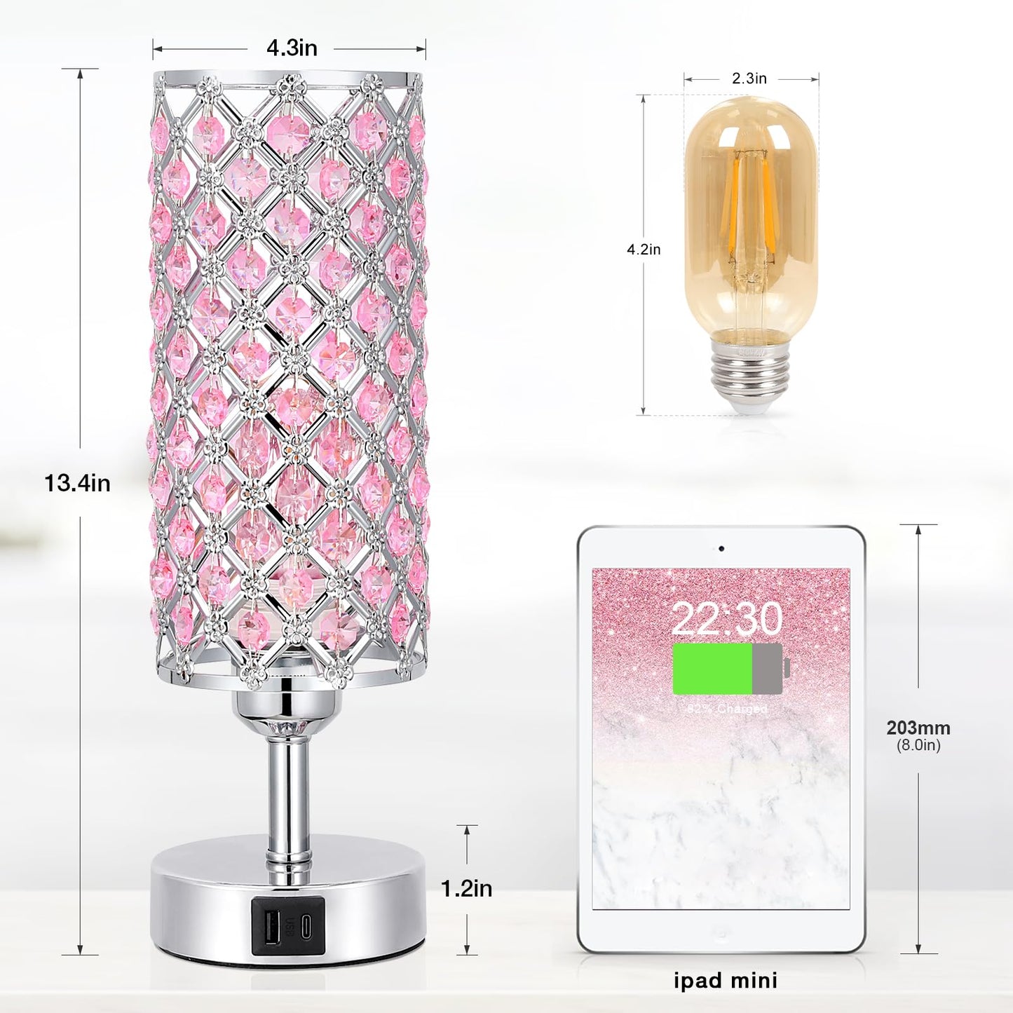Hong-in Crystal Table Lamp, Pink Touch Lamp with USB C+A Ports, 3 Way Dimmable Bedroom Light with Crystal Shade, Bedside Nightstand Small Lamp for Girl Bedroom, Living Room(Buld Included)