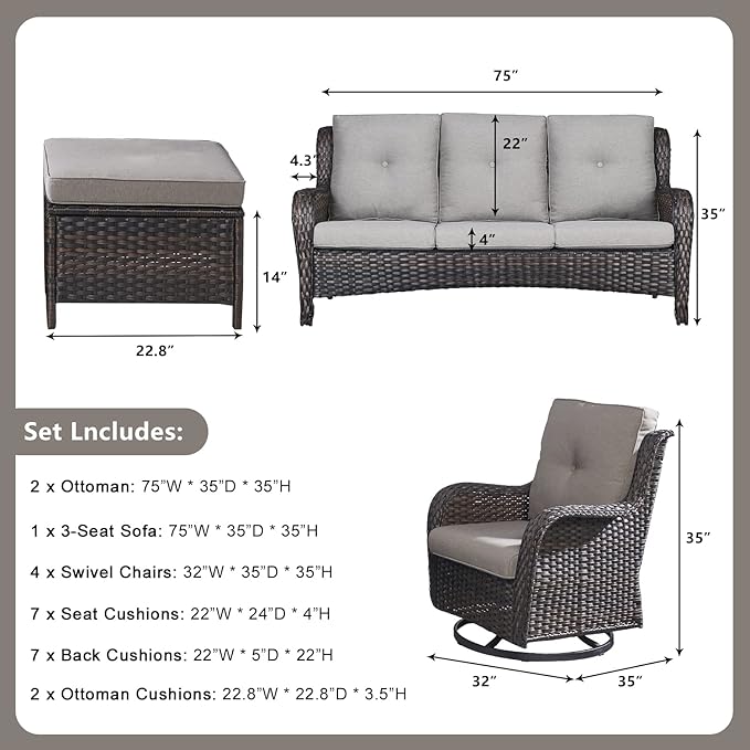 Rilyson Wicker Patio Furniture Set - 7 PC Rattan Outdoor Sectional Conversation Sets with 4 Swivel Rocking Chairs,2 Ottomans and 1 Sofa for Porch Deck Garden(Brown/Grey)
