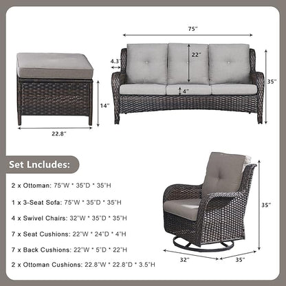 Rilyson Wicker Patio Furniture Set - 7 PC Rattan Outdoor Sectional Conversation Sets with 4 Swivel Rocking Chairs,2 Ottomans and 1 Sofa for Porch Deck Garden(Brown/Grey)