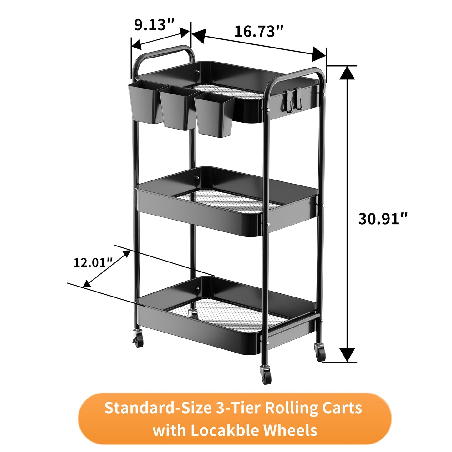JAQ Makeup Carts, 3-Tier Metal Rolling Utility Storage Organizer Cart Shelf with Wheels for Craft Office Supplies Diapper Snack in Bathroom Kitchen Laundry Classroom Dorm -(3-Tier,Black