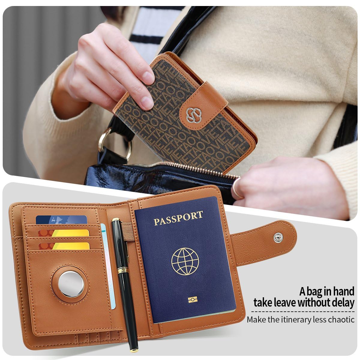 XIMAND Passport Holder Wallet Bag with AirTag Holder, Card Slots and Passport Solt Ticket Cash Solt, Photo Solt Sim Card Pen Slot.Brown