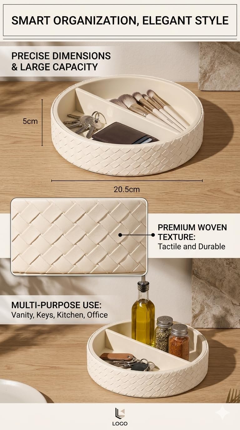 JekoLife Round Faux Leather Vanity Tray Organizer for Dresser Perfume