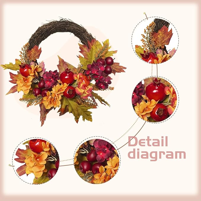 Fall Wreaths for Front Door 20 Inch Autumn Wreaths for Thanksgiving & Halloween & Harvest Festival Indoor/Outdoor Fall Decorations with Apples Pomegranates Maple Leaves