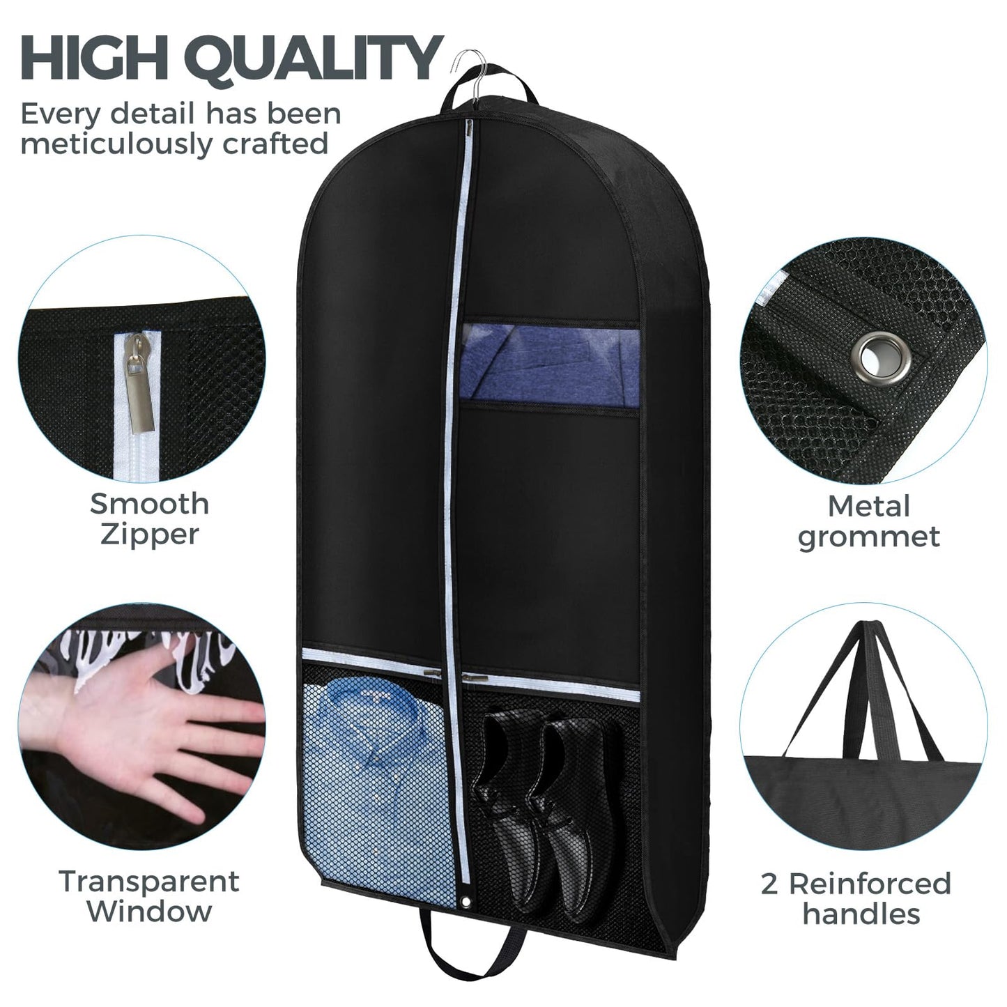 2 pcs 43" Garment Bags for Travel, Suit Bags for Clothing Storage with 2 Handle, Garment Bags for Hanging Clothes Covers with 4" Gussets for Coats, Jackets, Shirts, Sweater