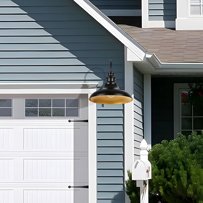Outdoor Barn Light Fixture, 16 Inch Large Dome Farmhouse Exterior Wall Mount Light, Rustic Gooseneck Wall Sconce Indoor Wall Lighting Fixture, Industrial Black Gold Lantern for Porch, 1 Pack