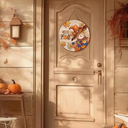 Hello Fall Autumn Scarecrow Door Sign for Porch Pumpkins Maple Leaf Wood Hangers Farmhouse Door Sign for Front Door Decor Seasonal Home Decorations Autumn Wall Hanger Sign