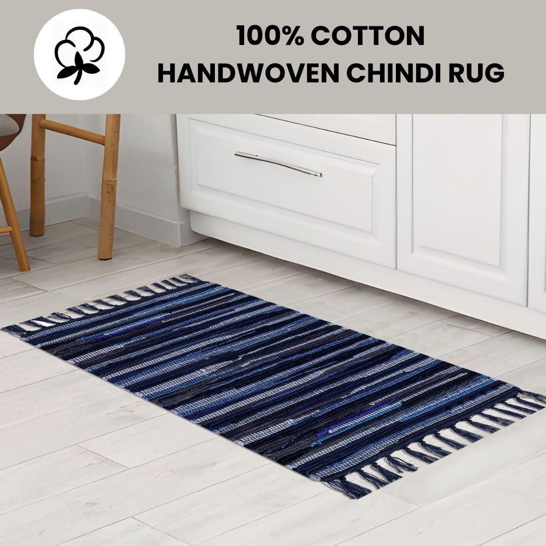 Threadvista Hand Woven Chindi Rug Cotton - Rustic Boho Accent Throw Rug for Living Room Bedroom Kitchen Entryway Floor Mats - Ideal for High Traffic Areas 20x32 inch Reversible Area Rug Blue Multi