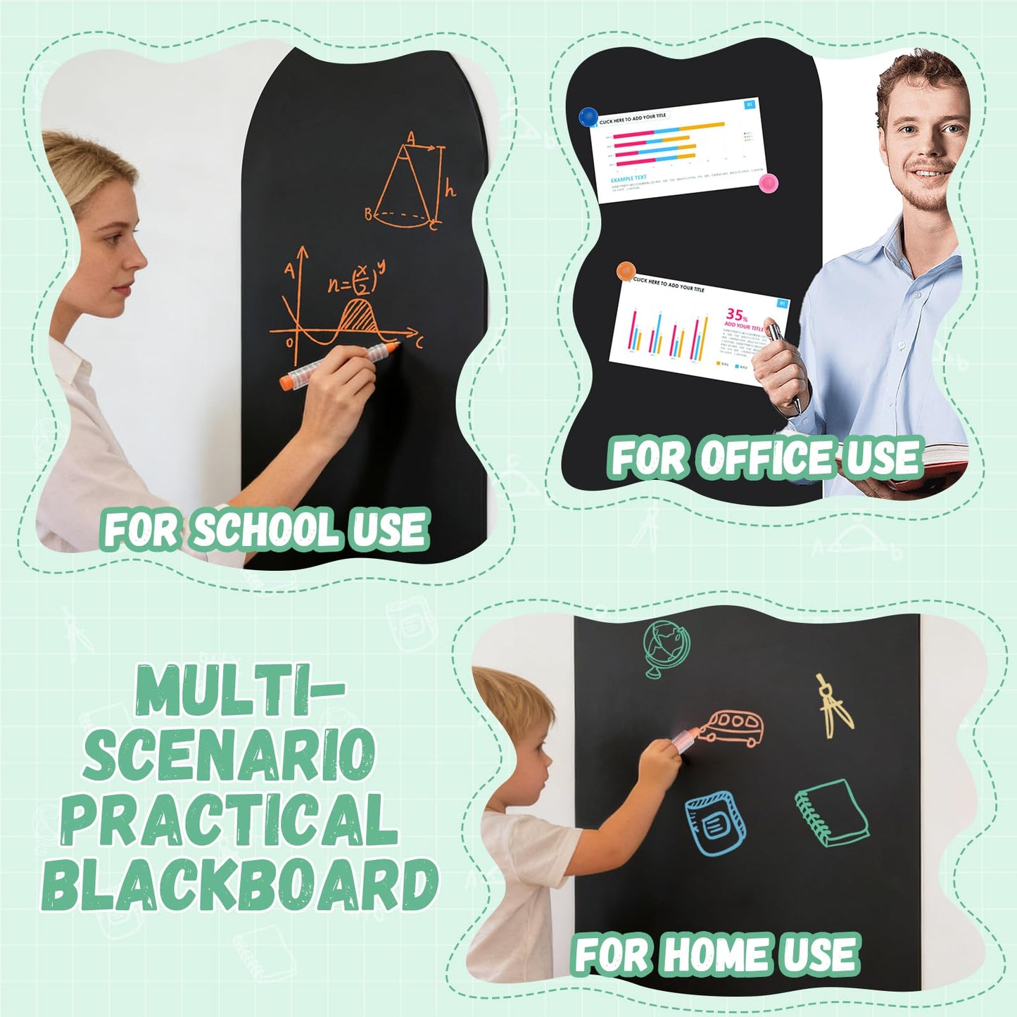 2 Rolls Magnetic Wall Decal Set - 35.4"x17.3" Magnetic Chalkboard Contact Paper with Chalk & Letter Kits, Self-Adhesive Room-Shape Decor for Home, Office & Study Organization