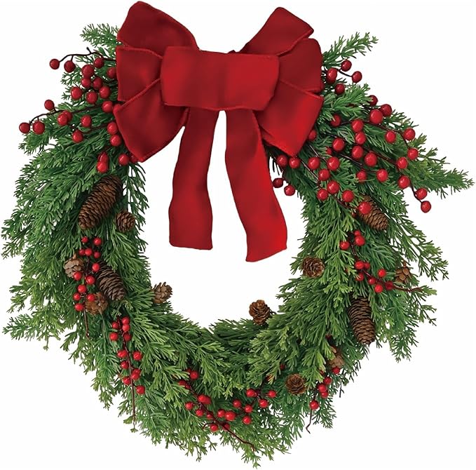 Christmas Wreath for Front Door, Red Bow & Real Pine Cones with Pine Branches & Berries, Artificial Holiday Wreath for Indoor & Outdoor Wall Decor (20 inches)