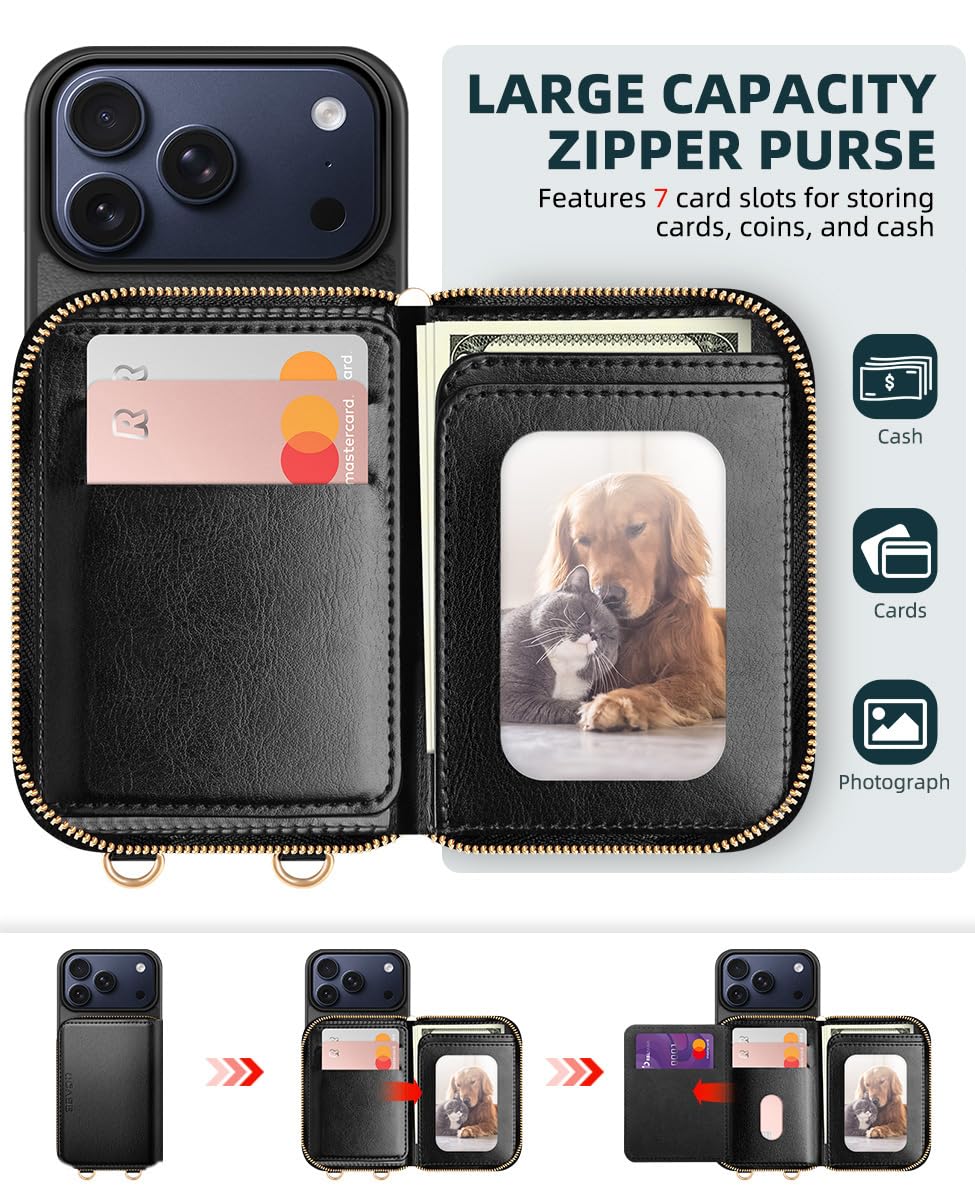 OCASE Compatible with iPhone 17 Pro Max Crossbody Wallet Case with Card Holder, PU Leather Zipper Handbag Phone Purse with RFID Blocking Kickstand Wrist Strap Lanyard 6.9 Inch, Black