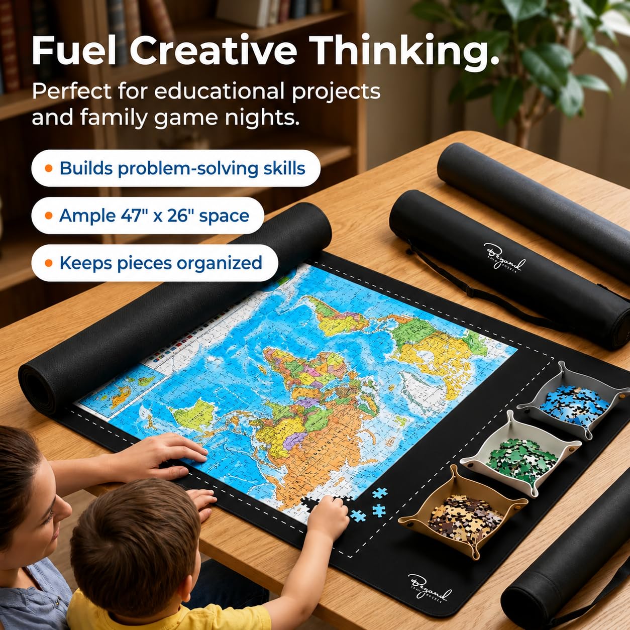 Jigsaw Puzzle Mat Roll Up – 47" x 26" | 3 Sorting Trays, 3 Fastening Straps, Foam Tube, & Travel Friendly Storage Bag | Non-Slip Rubber Puzzle Matt Rollup - Up to 1500 Pieces