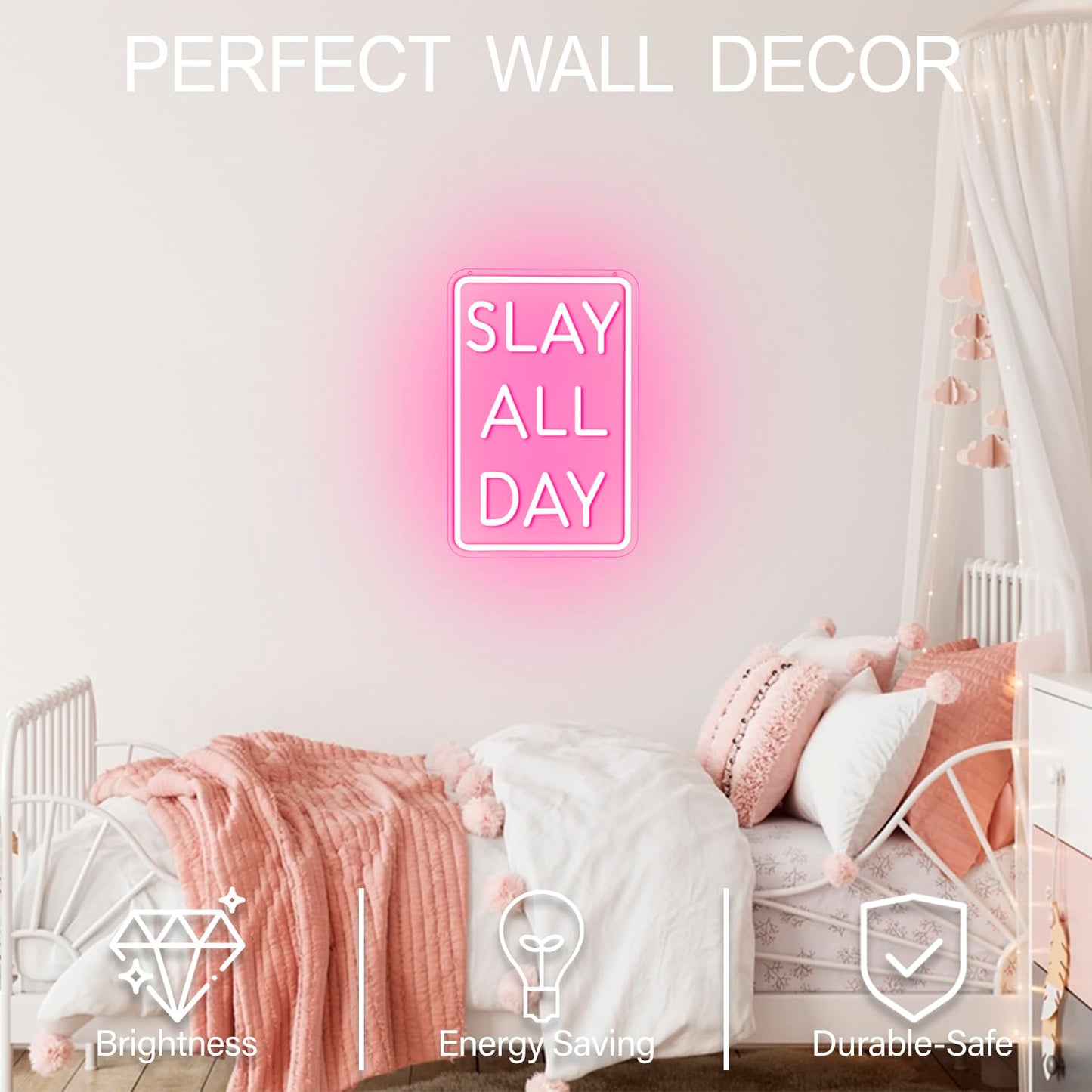 Slay All Day Neon Sign Dimmable Neon Signs for Wall Decor Pink LED Signs USB Light Up Sign Room Decor for Teen Girl Preppy Bedroom Living Room Y2K Coquette Cool Downtown Teenage Girl Room Decoration