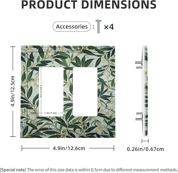 Sage Eucalyptus Leaves Foliage Dual Outlet Covers Wall Plate 2 Gang Rocker Decora Decorative Switchplate Electrical Faceplate GFCI Light Switch Covers for Farmhouse Living Decor