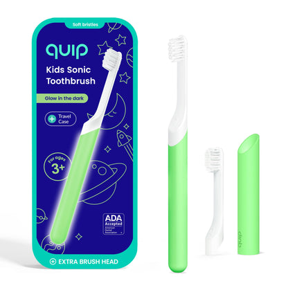 Quip Sonic Toothbrush for Kids with Timer - Includes Extra Brush Head and Travel Cover Mount - Electric, Soft Bristle Refill Head, Rubber Handle, 3 Month Battery Life - Travel Toothbrush - Blue