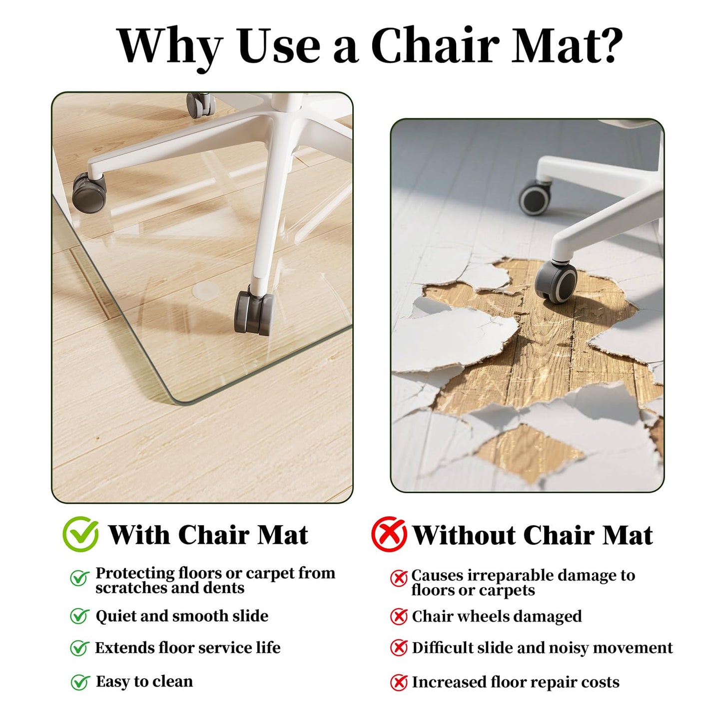 FlyEcho Glass Chair Mat 46" x 55" Heavy Duty Tempered Glass Office Chair Mat, Glass Floor Mat with Round Corner and Polished Edge for Smooth Glide, Office Chair Mat for Carpet, Hardwood Floor