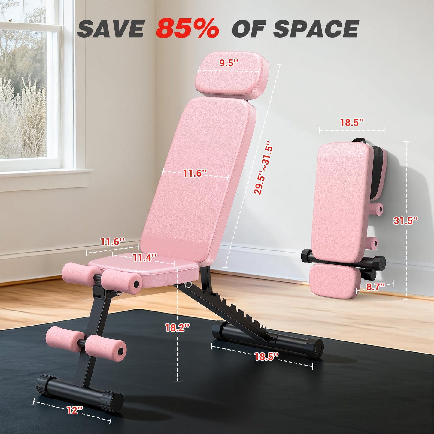 XDDIAS Workout Bench, 10 Backrests Adjustable Weight Bench with Extended Headrest, 800LBS Foldable Weight Bench for Home Gym, Incline Decline Flat Bench Compact for Small Space Training, Pink