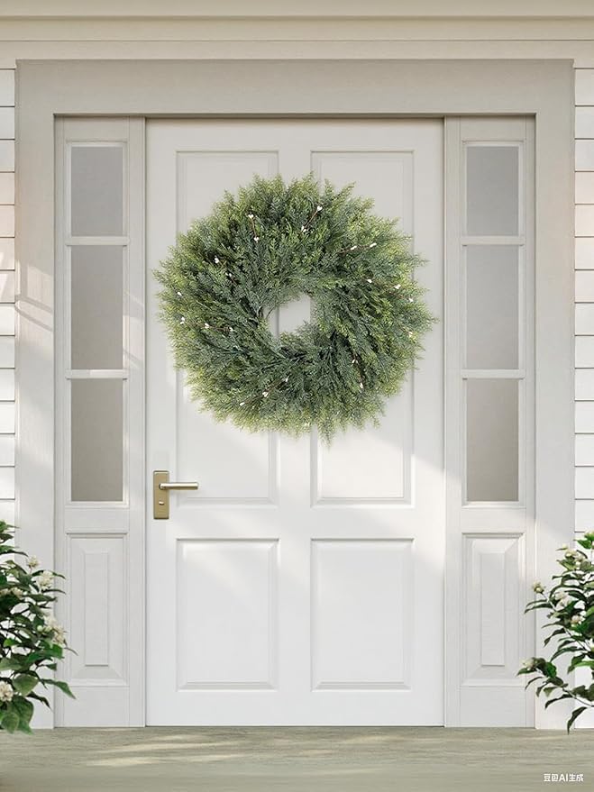 Home Decor Greenery Faux Cypress Plant, Large Front Door Wreath with 6PACK Artificial White Berry Fruit, 22inch Green Wild Wreath