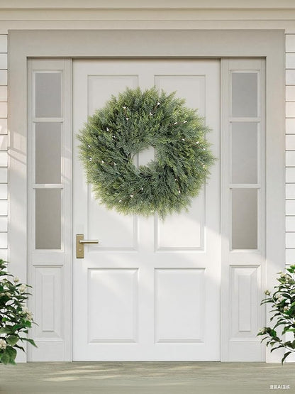Home Decor Greenery Faux Cypress Plant, Large Front Door Wreath with 6PACK Artificial White Berry Fruit, 22inch Green Wild Wreath