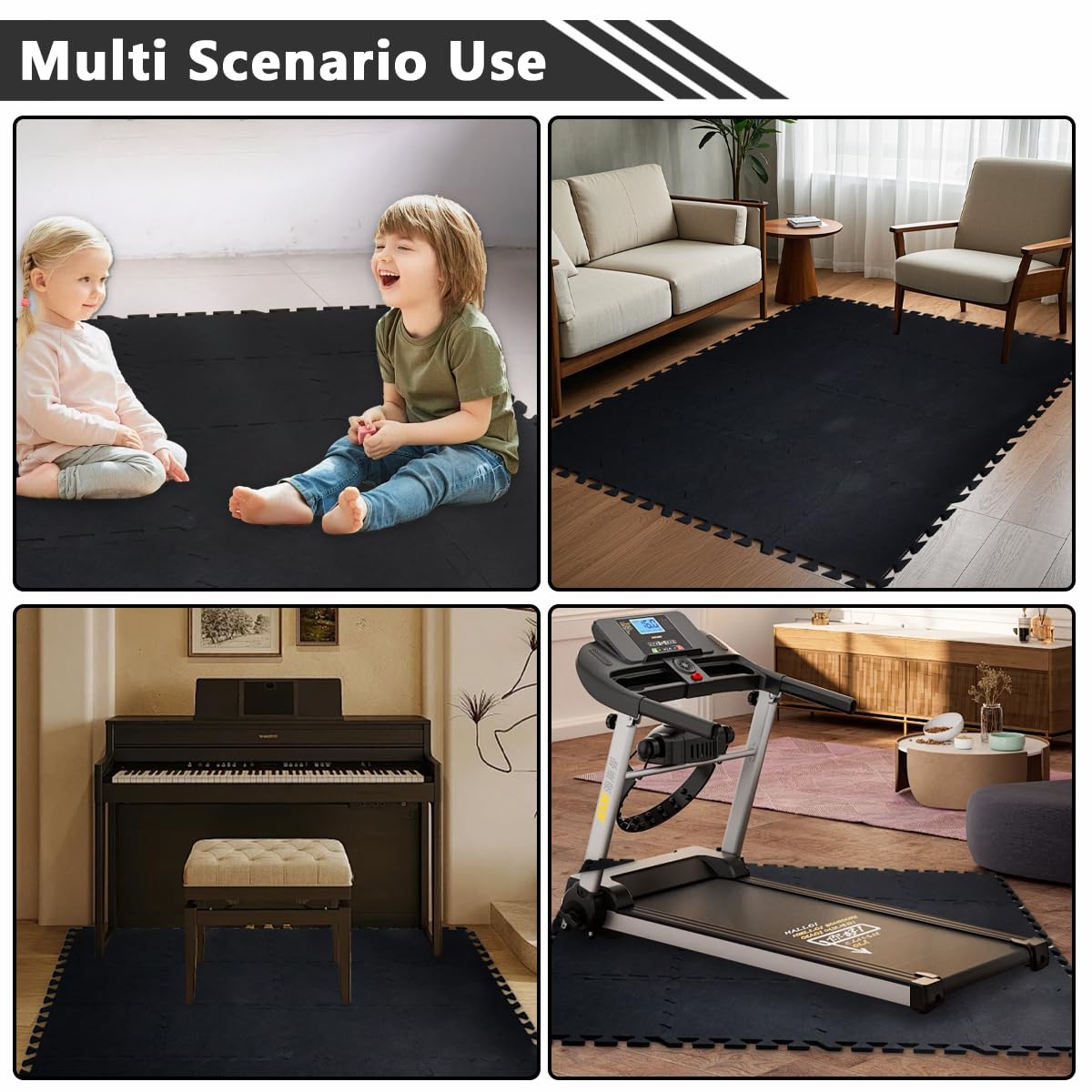 16 Pcs Black Thick Sound Absorbing Interlocking Floor Mats, Drum Rug