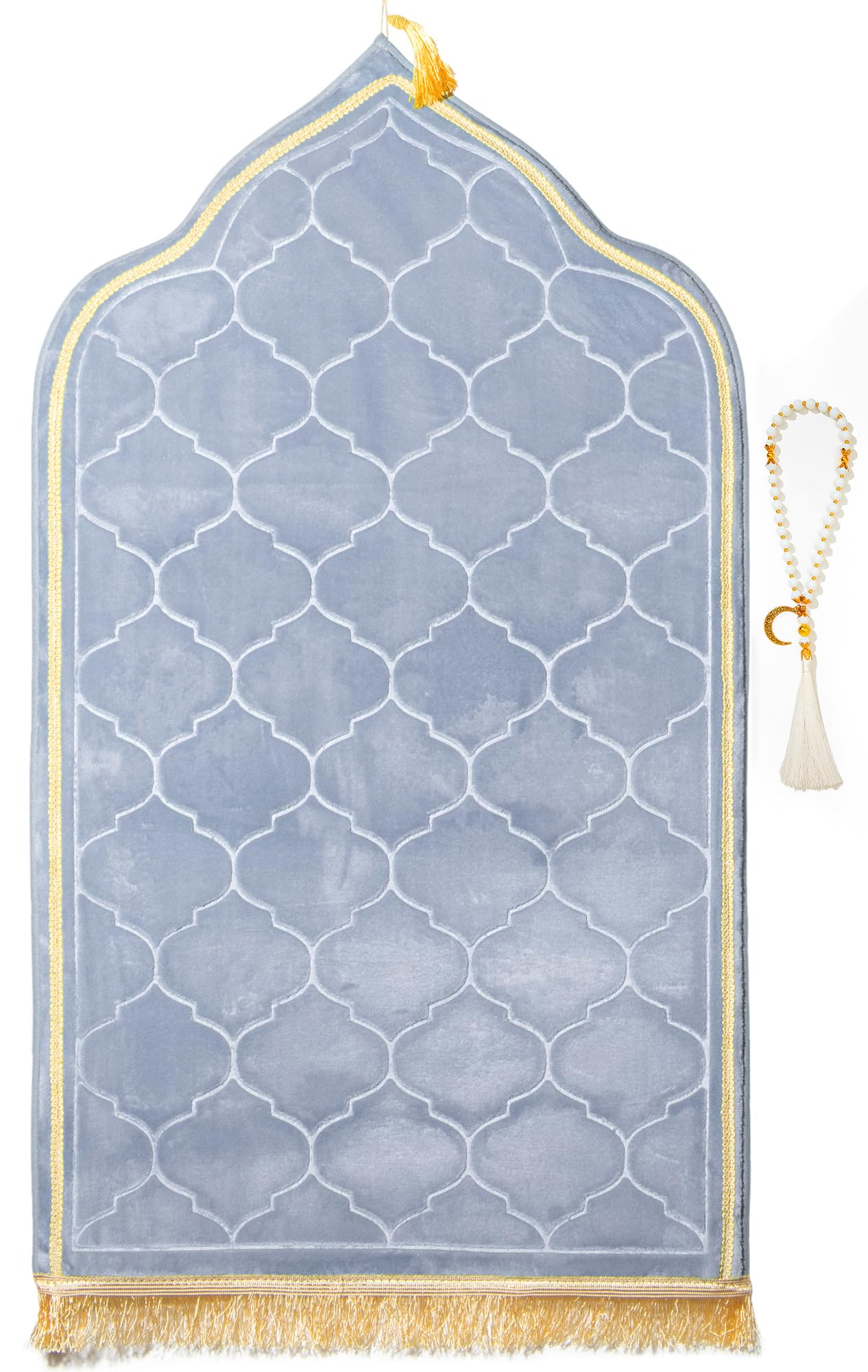 YAZEIN Muslim Prayer Rug with Tasbih Prayer Beads, Soft Memory Foam Prayer Matt Islam, Padded Islamic Prayer Mat Thick for Men and Women, Janamaz, Sajadah (25.6" x 43.3", Grey)