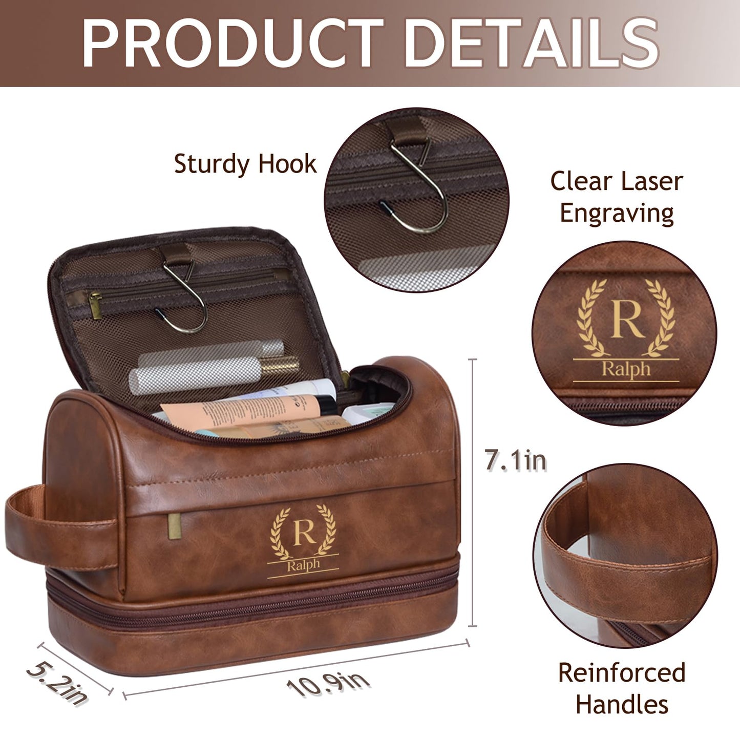 Seozata Personalized Toiletry Bag for Men, Custom Shaving Dopp Kit, Engraved Name Monogram Travel Bag, Gift for Dad, Groomsmen, Son, Husband, Christmas, Birthday, Anniversay, Father's Day, Wedding