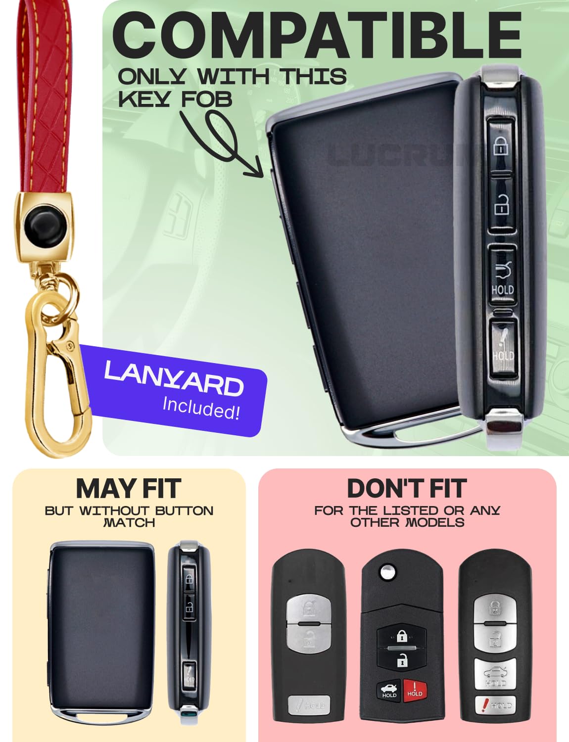 Lucrum Compatible with Mazda CX5 Key Fob Cover & Leather Keychain - TPU Keyfob Case for 3, 6, CX-5, CX-9, CX-30, CX-50, CX-70 (2019-2025) - Pomegranate