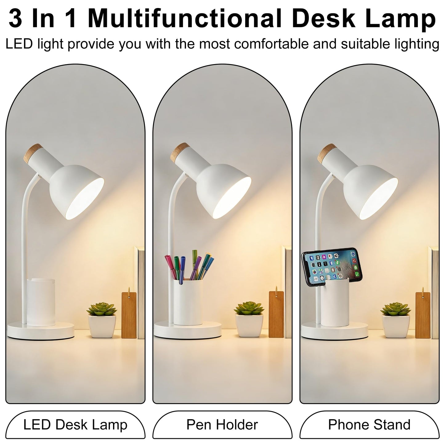 WLHONG LED Desk Lamp, Table Lamps with Pen Holder, 3 Color Modes Eye-Caring Reading Light with Flexible Gooseneck, Study Lamp for Kids Bedside Home Office Room College Dorm Essentials (White)