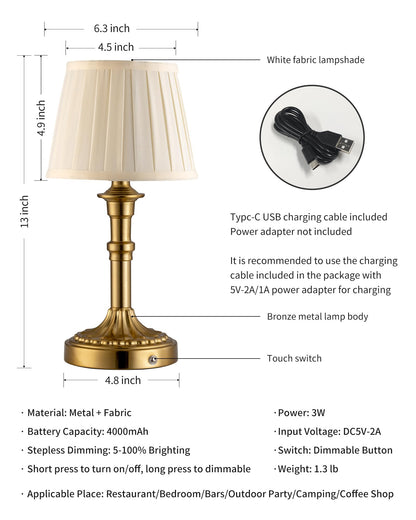 KDG Cordless Portables Table Lamp, LED Fabric Shade Small Desk Lamps, 4000mAh Battery Powered Lighting, 2700K Stepless Dimmable Light for Living Room, Dining Room, Bedroom, Bedside (Gold)
