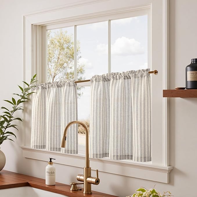 jinchan Striped Linen Kitchen Curtains 24 Inches Tier Curtains Farmhouse Modern Cafe Style Small Window Treatments Airy Light Filtering Rod Pocket for Living Room Bathroom 2 Panels Taupe Grey