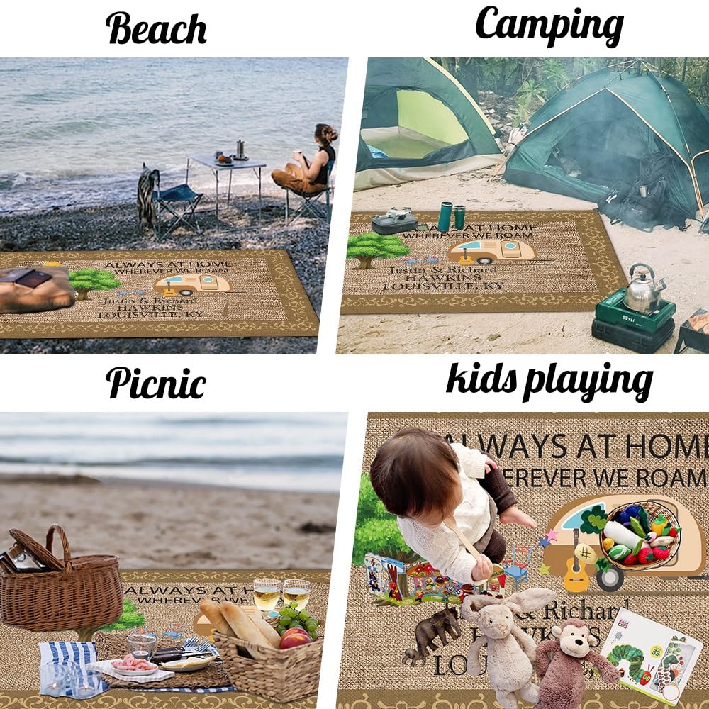CafeTime Custom Camping Rug Always at Home Wherever We Roam RV Trailer Campsite Decor Floor Mat for Outdoors, Patio, Backyard, Picnic, Beach, Camping, 66 x 99 Inch