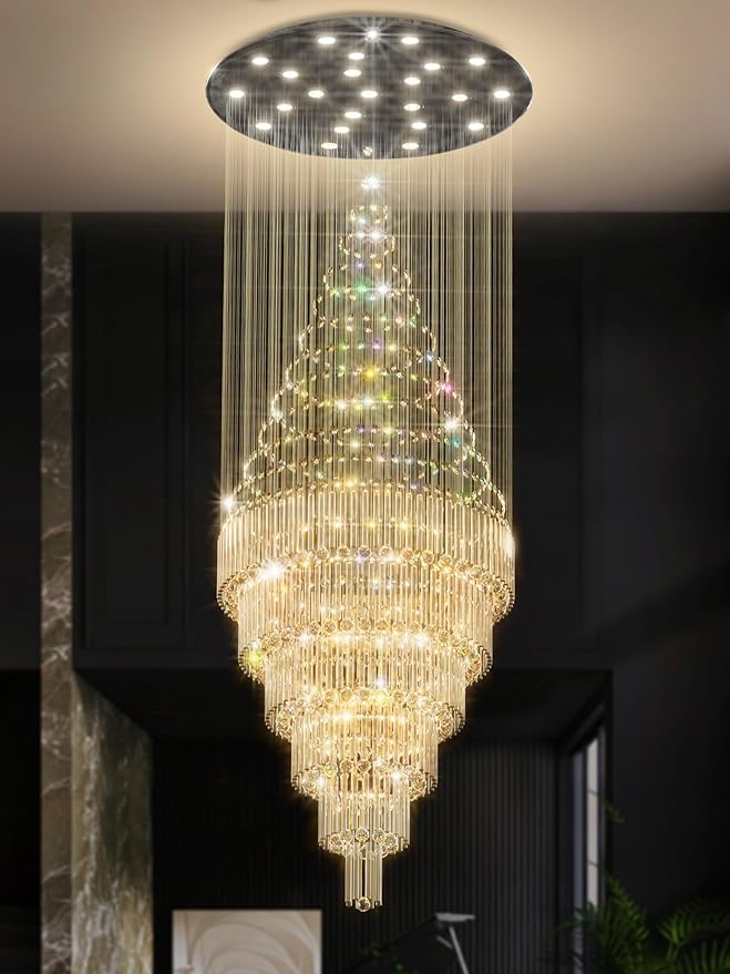 Flashing God D48''X H120'' Extra Large Chandelier for High Ceilings Crystal Raindrop Chandeliers Large Chandelier for Villa Entrance Foyer LED Dimmable Black Large Light Fixture